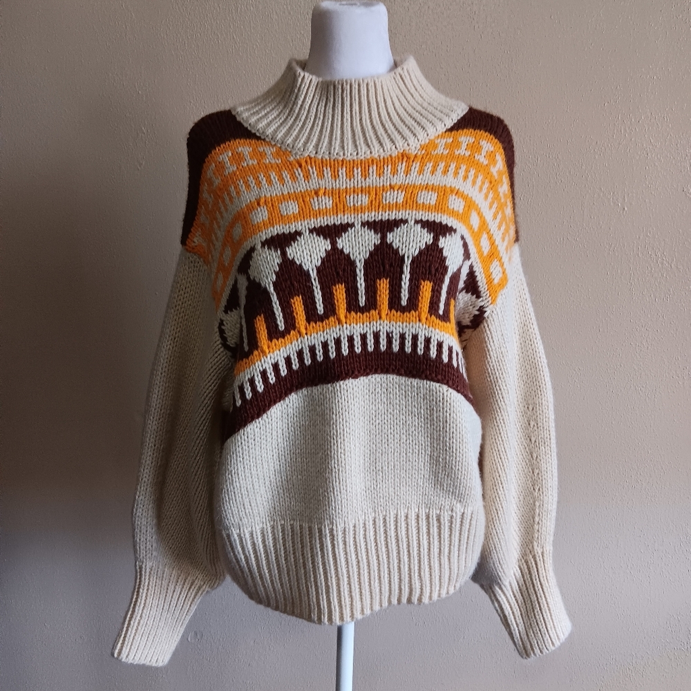 Moodie Medium Boho Western Thick Knit Sweater, Geometric Tan Brown Orange - Picture 9 of 9